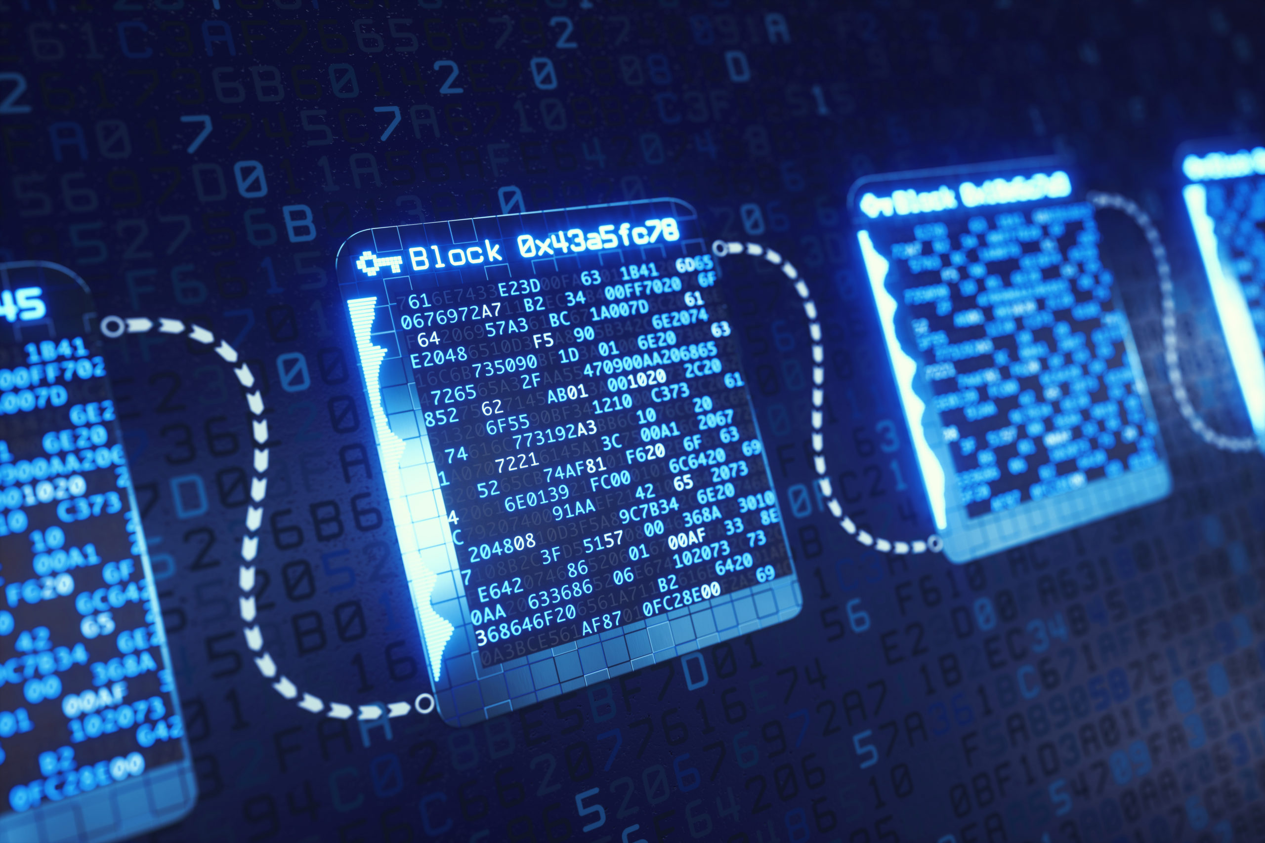 Featured Image. An abstract digital structure showing the concept of blockchain technology with hexadecimal hash data inside each block.