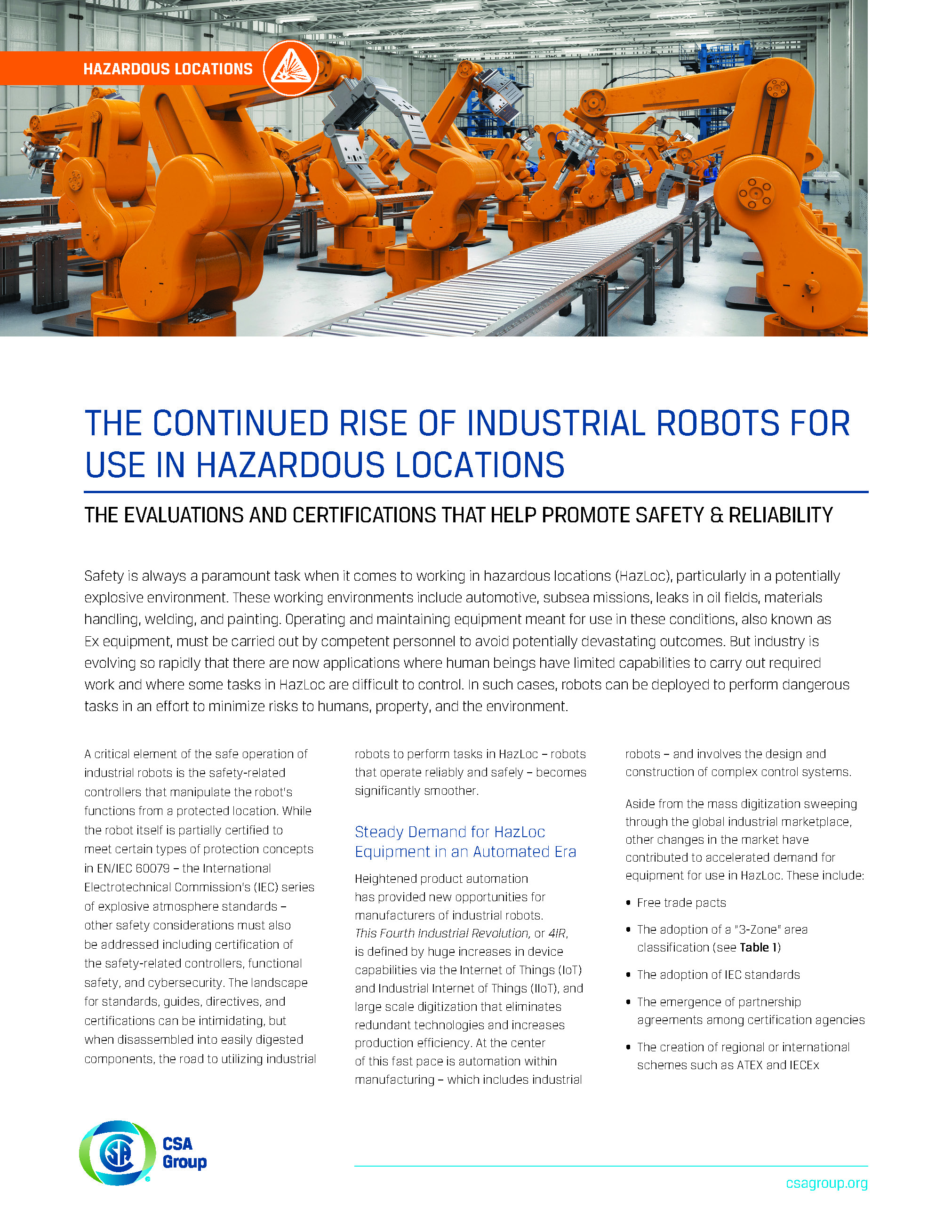 Title page preview of the continues rise of industrial robots for use in Hazardous locations