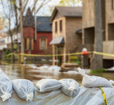 Flood protection Sandbags with flooded homes in the background