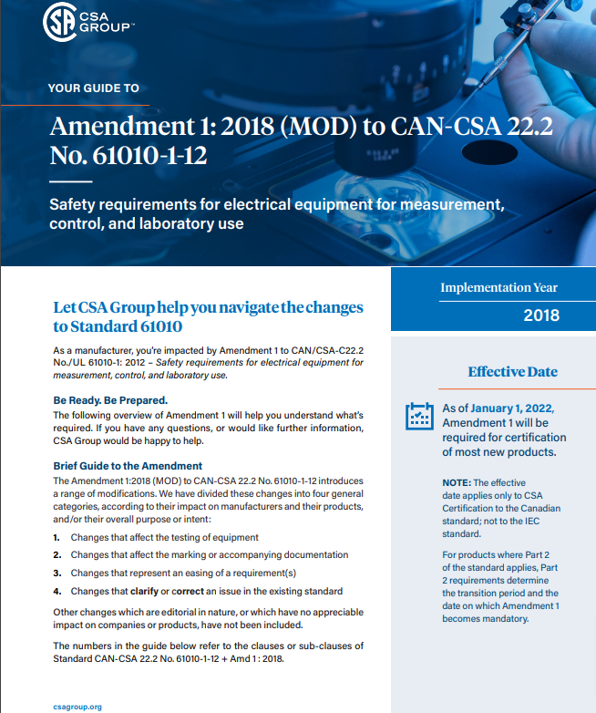 Featured Image. Cover of the Amendment 1: 2018 (MOD) to CAN-CSA 22.2 No. 61010-1-12 report