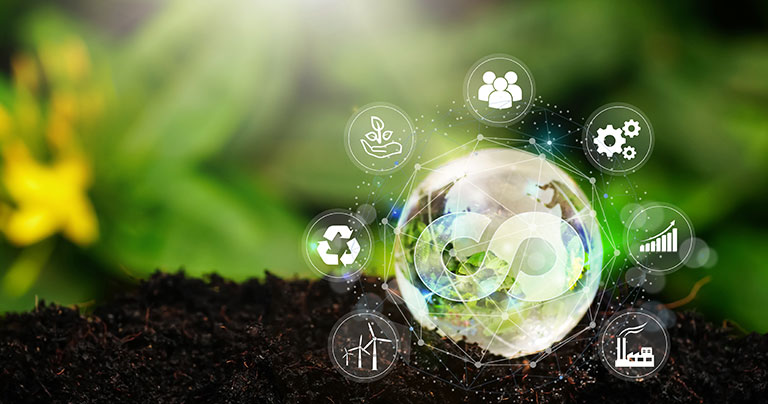 Featured Image. The Earth surrounded by symbols representing the circular economy and sustainability principles