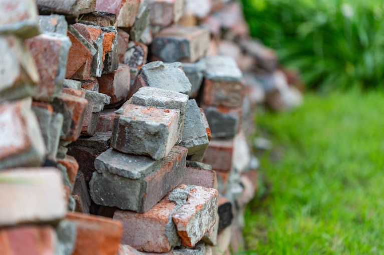 A pile of bricks for reuse in a construction project