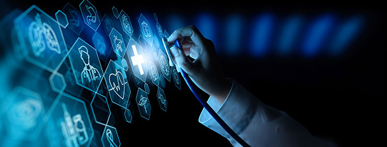 Featured Image. A hand with a stethoscope hovering over a screen with health care-related icons
